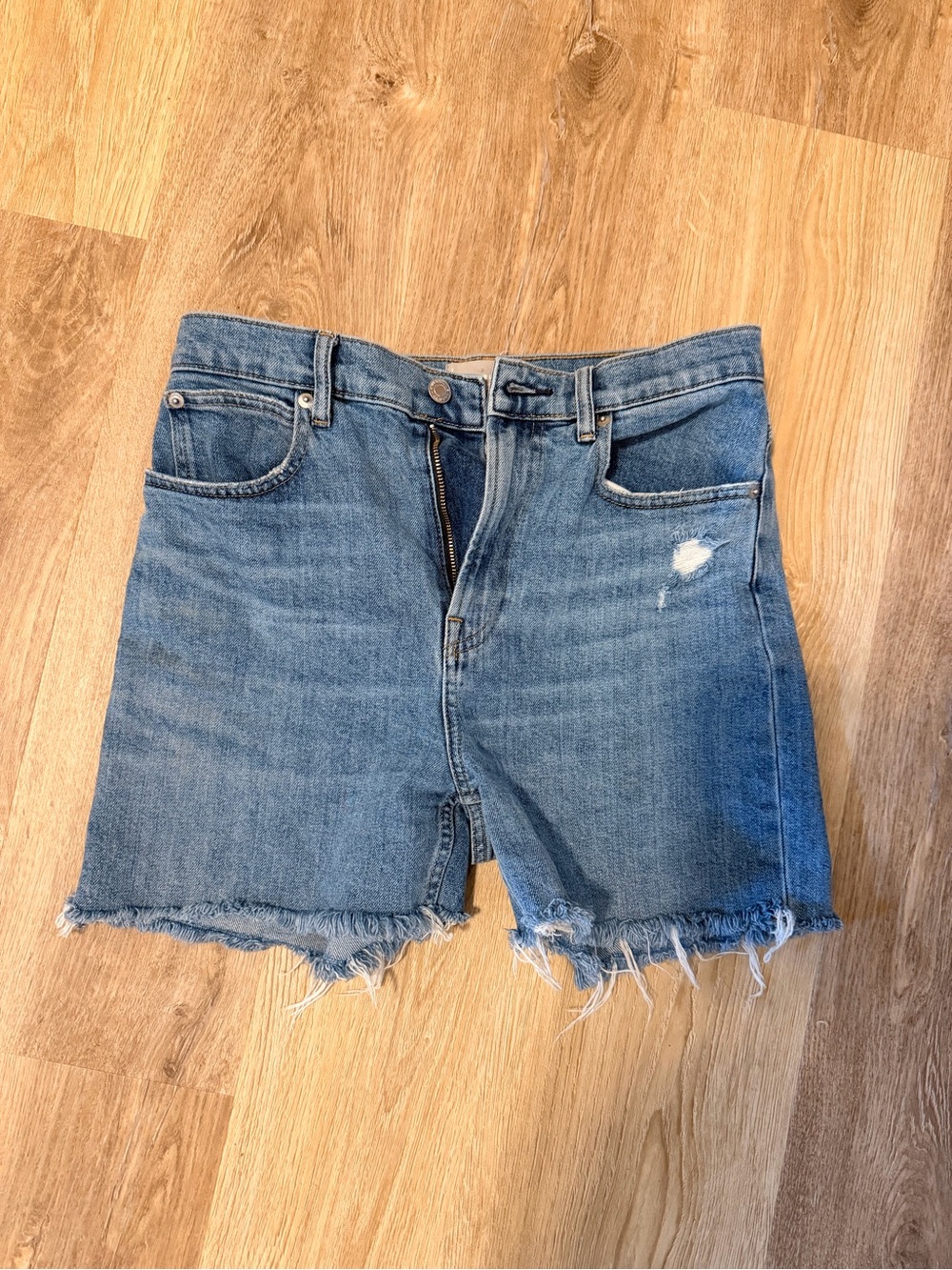 Everlane Organic Cotton Light Blue Distressed High-Rise Denim Shorts